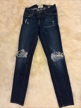 Frame Denim Skinny Jeans in Dark Indigo with Knee Rips